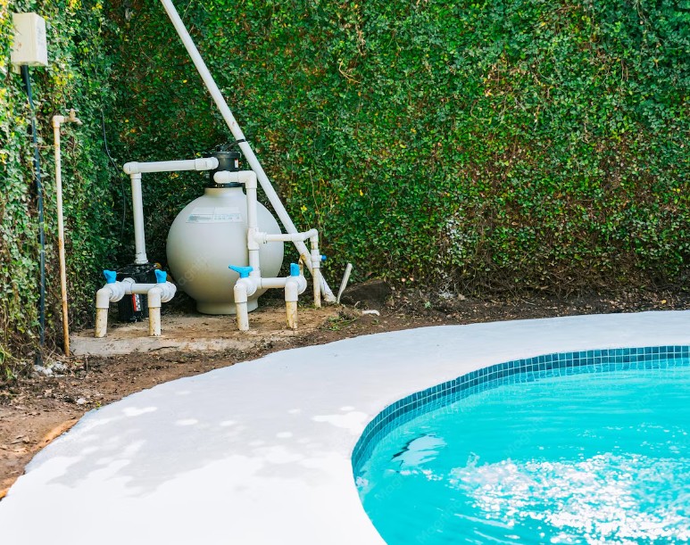 Pool filter and pump system with PVC pipes set against a green hedge near the pool edge, outdoor utility area.